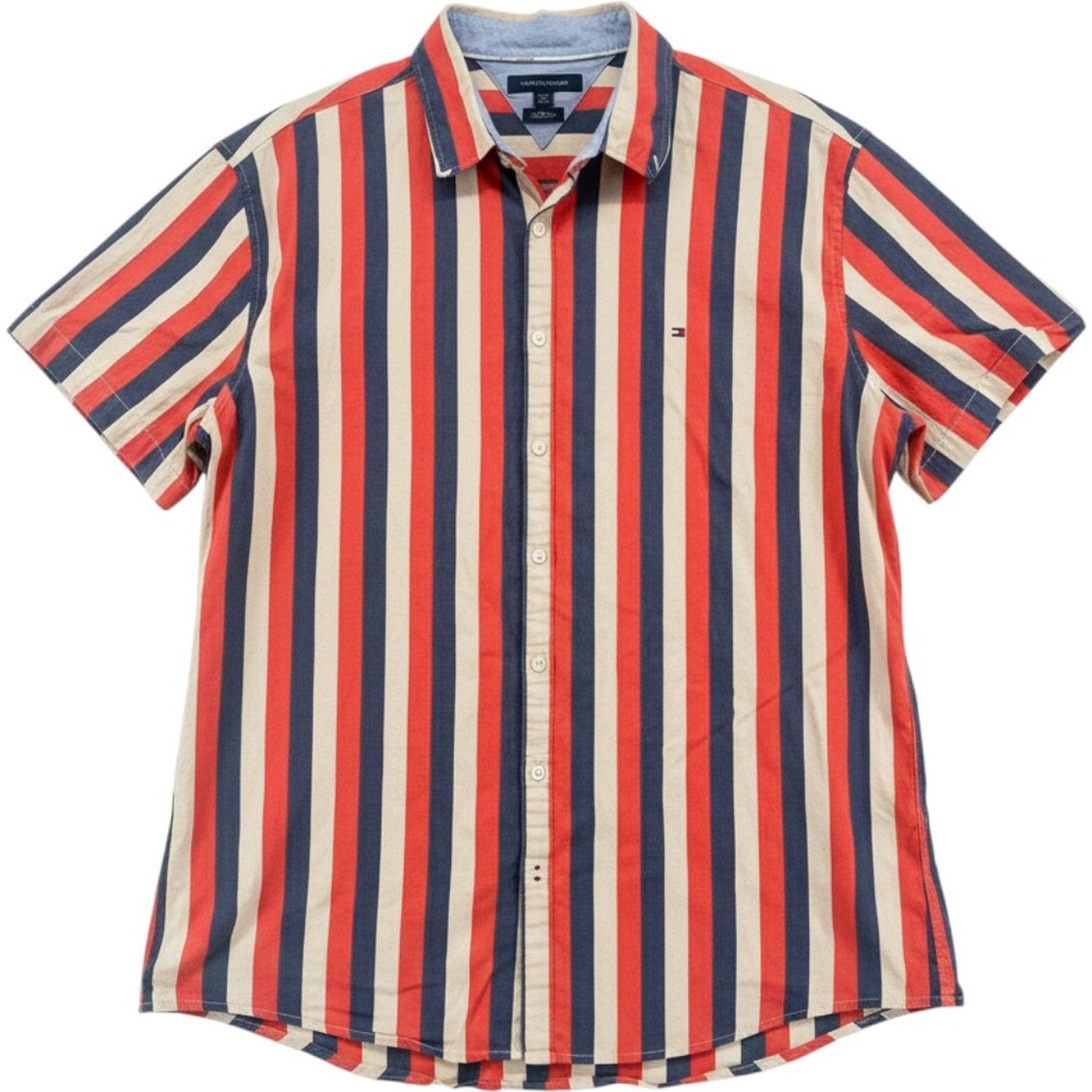 Tommy Hilfiger Short Sleeve Striped Button Down Shirt Men XXL Slim Fit Flag Logo